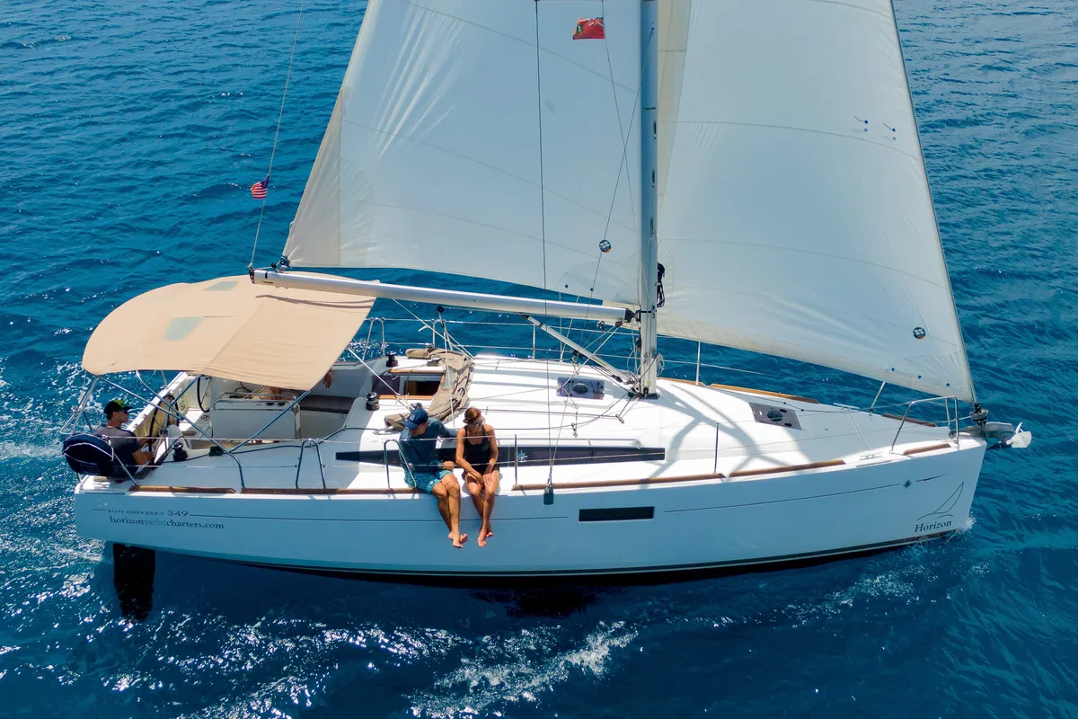 Exterior view of Minx, a Jeanneau Sun Odyssey 349 sailboat at Road Town, British Virgin Islands