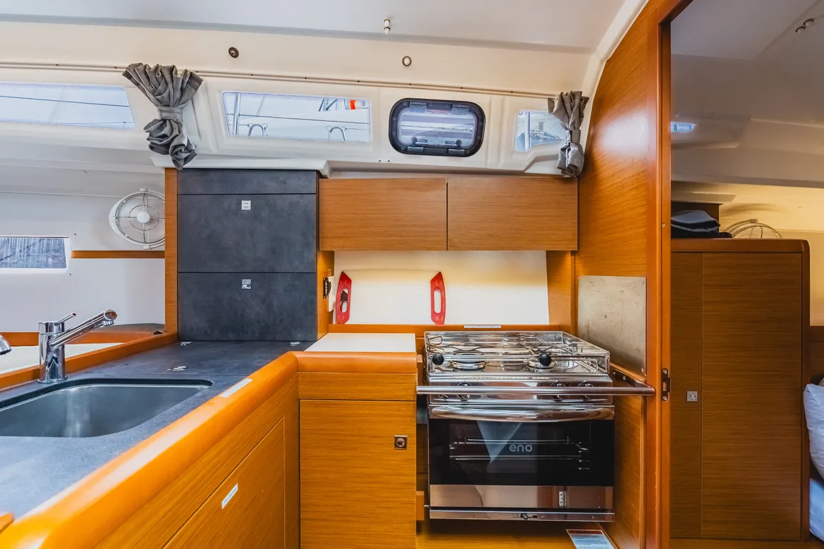 Galley of Minx, a Jeanneau Sun Odyssey 349 sailboat at Road Town, British Virgin Islands