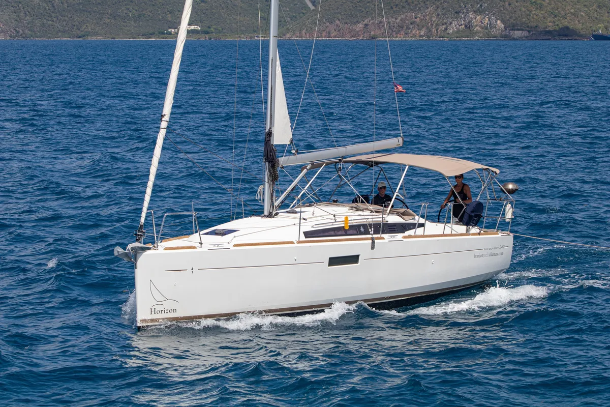 Exterior view of Minx, a Jeanneau Sun Odyssey 349 sailboat at Road Town, British Virgin Islands