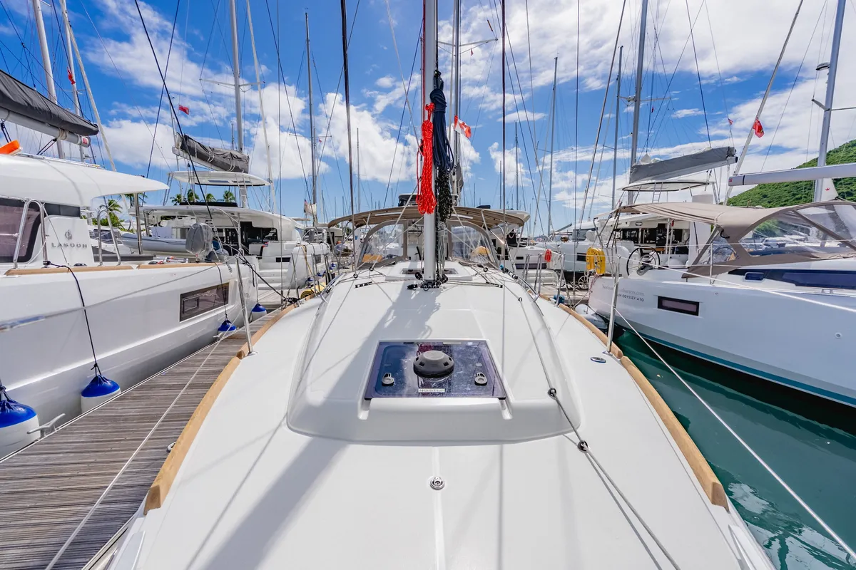 Deck of Minx, a Jeanneau Sun Odyssey 349 sailboat at Road Town, British Virgin Islands