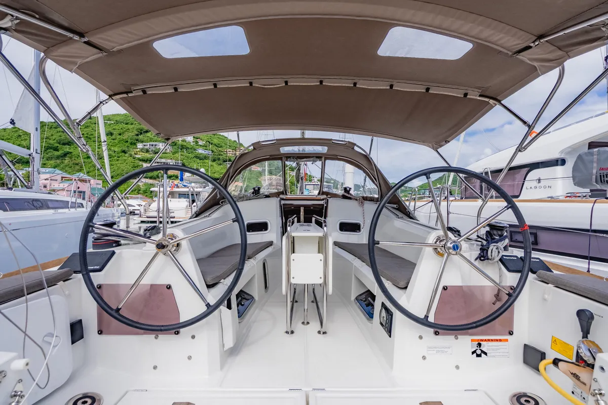 Cockpit of Minx, a Jeanneau Sun Odyssey 349 sailboat at Road Town, British Virgin Islands