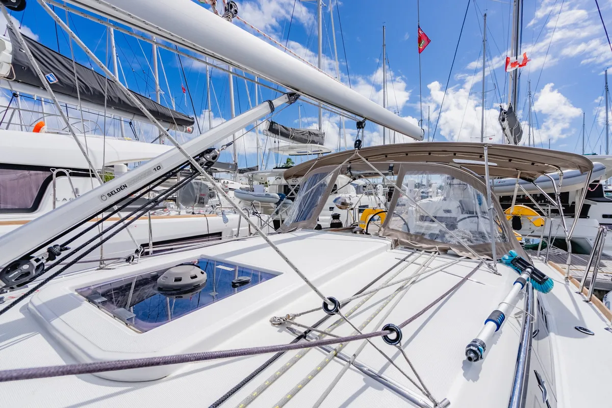 Deck of Minx, a Jeanneau Sun Odyssey 349 sailboat at Road Town, British Virgin Islands