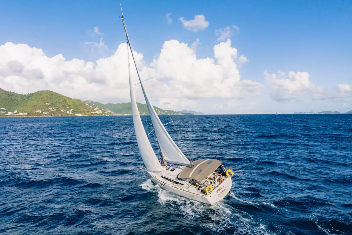 Exterior view of Minx, a Jeanneau Sun Odyssey 349 sailboat at Road Town, British Virgin Islands