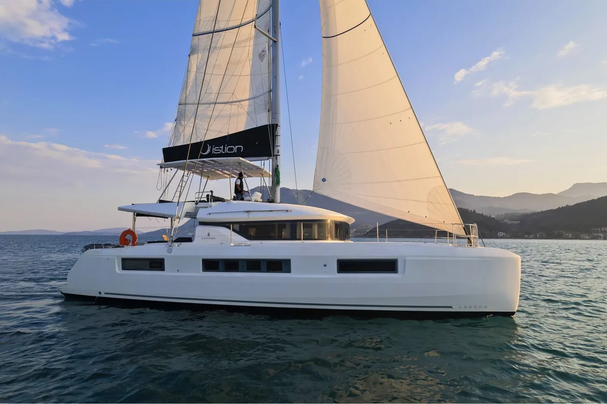 Exterior view of Jupiter, a Lagoon 50 catamaran at Municipal Unit of Lefkada, Greece