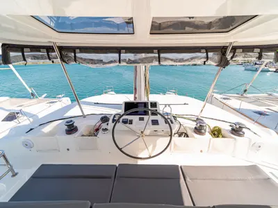 Cockpit of Jupiter, a Lagoon 50 catamaran at Municipal Unit of Lefkada, Greece