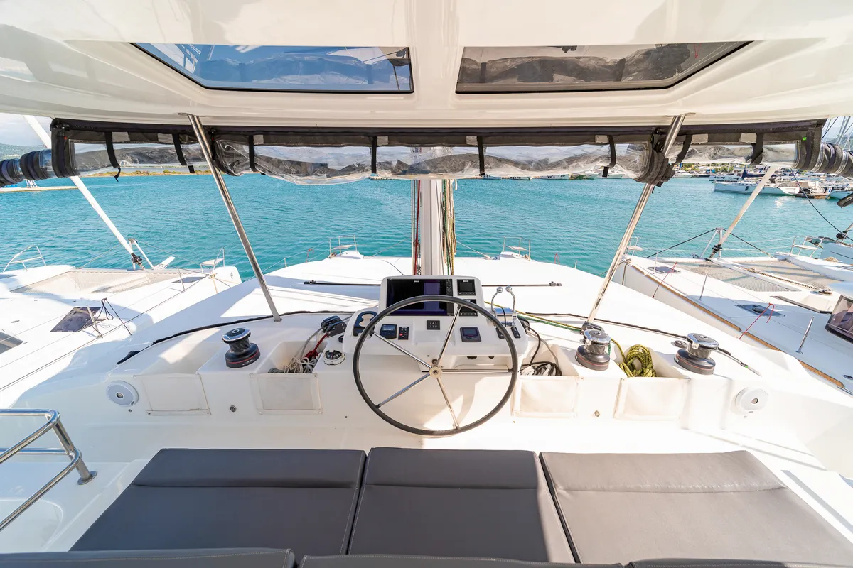 Cockpit of Jupiter, a Lagoon 50 catamaran at Municipal Unit of Lefkada, Greece
