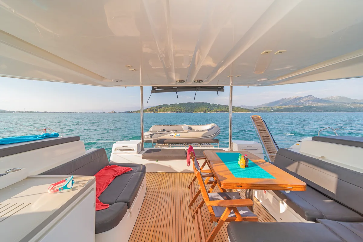 Deck of Jupiter, a Lagoon 50 catamaran at Municipal Unit of Lefkada, Greece