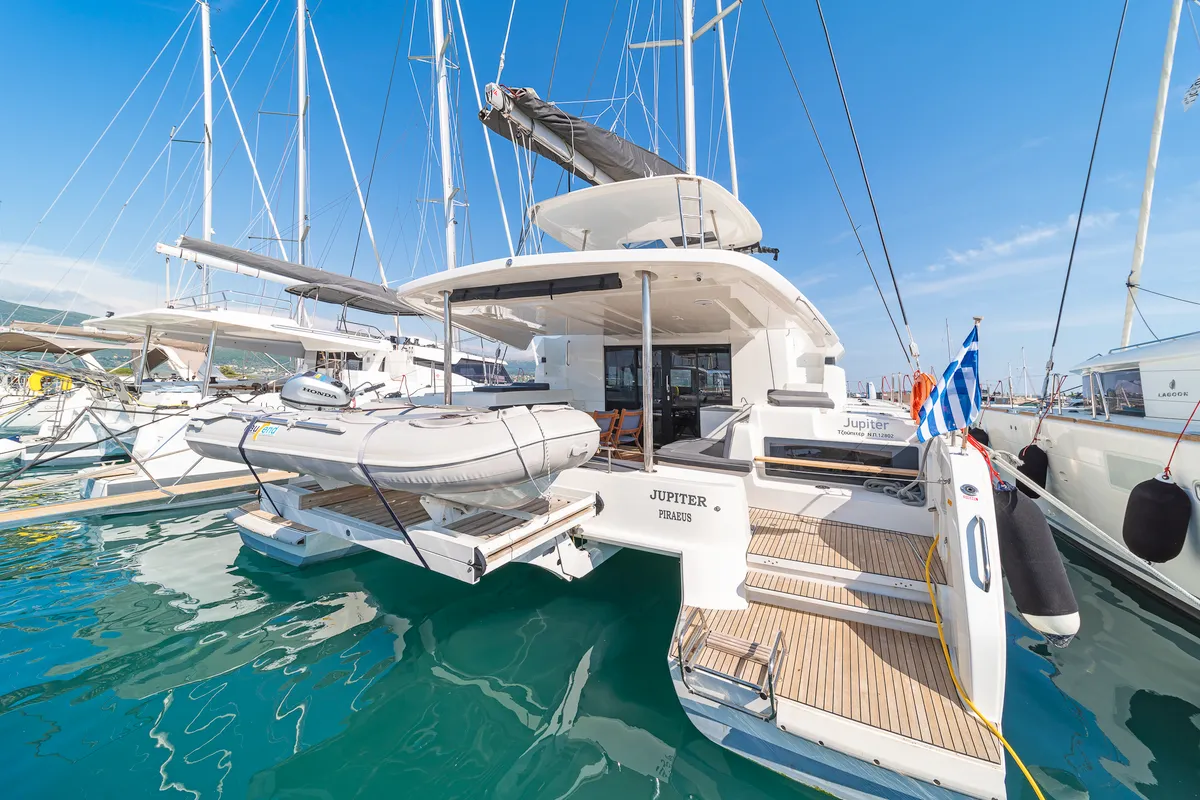 Exterior view of Jupiter, a Lagoon 50 catamaran at Municipal Unit of Lefkada, Greece