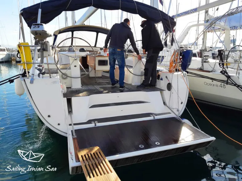 Deck of Midas, a Bavaria 45 Cruiser sailboat at Municipal Unit of Lefkada, Greece