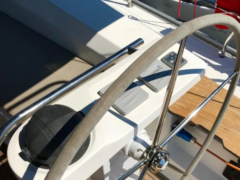 Cockpit of Midas, a Bavaria 45 Cruiser sailboat at Municipal Unit of Lefkada, Greece