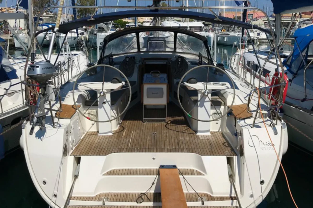 Deck of Midas, a Bavaria 45 Cruiser sailboat at Municipal Unit of Lefkada, Greece