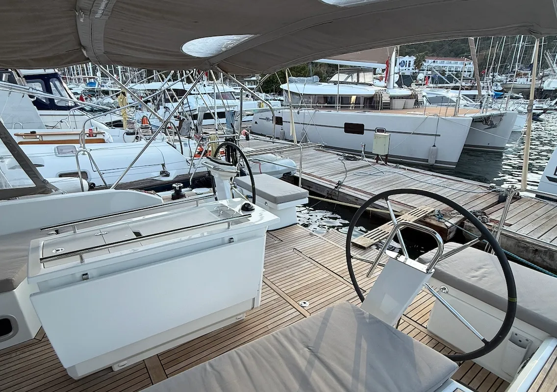 Cockpit of Athena 4, a Beneteau Oceanis 46.1 sailboat at Fethiye, Turkey