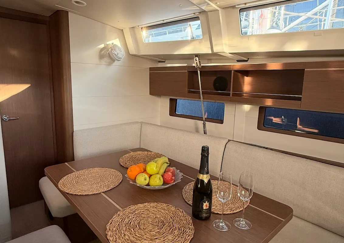 Salon of Athena 4, a Beneteau Oceanis 46.1 sailboat at Fethiye, Turkey