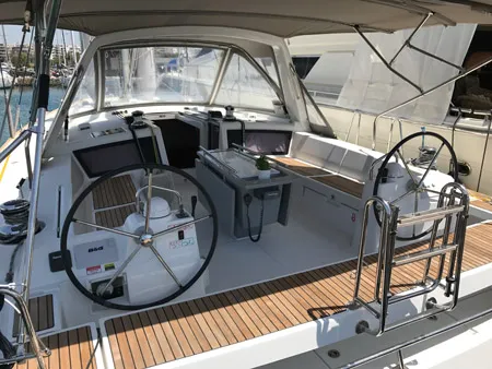 Cockpit of Skiron, a Beneteau Oceanis 48 sailboat at Athens, Greece