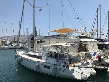 Exterior view of Skiron, a Beneteau Oceanis 48 sailboat at Athens, Greece