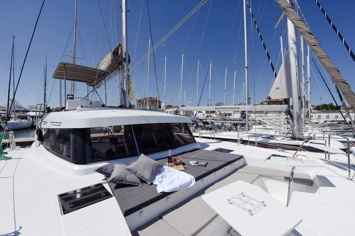 Deck of Fux 4 Sail, a Bali Catspace catamaran at Zadar, Croatia