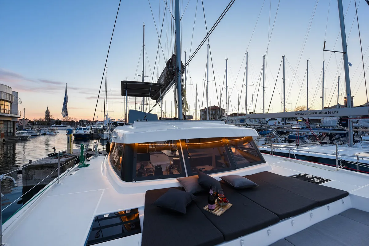 Deck of Fux 4 Sail, a Bali Catspace catamaran at Zadar, Croatia