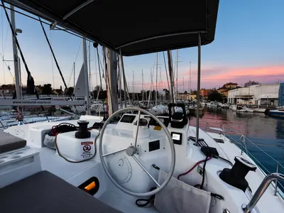 Cockpit of Fux 4 Sail, a Bali Catspace catamaran at Zadar, Croatia