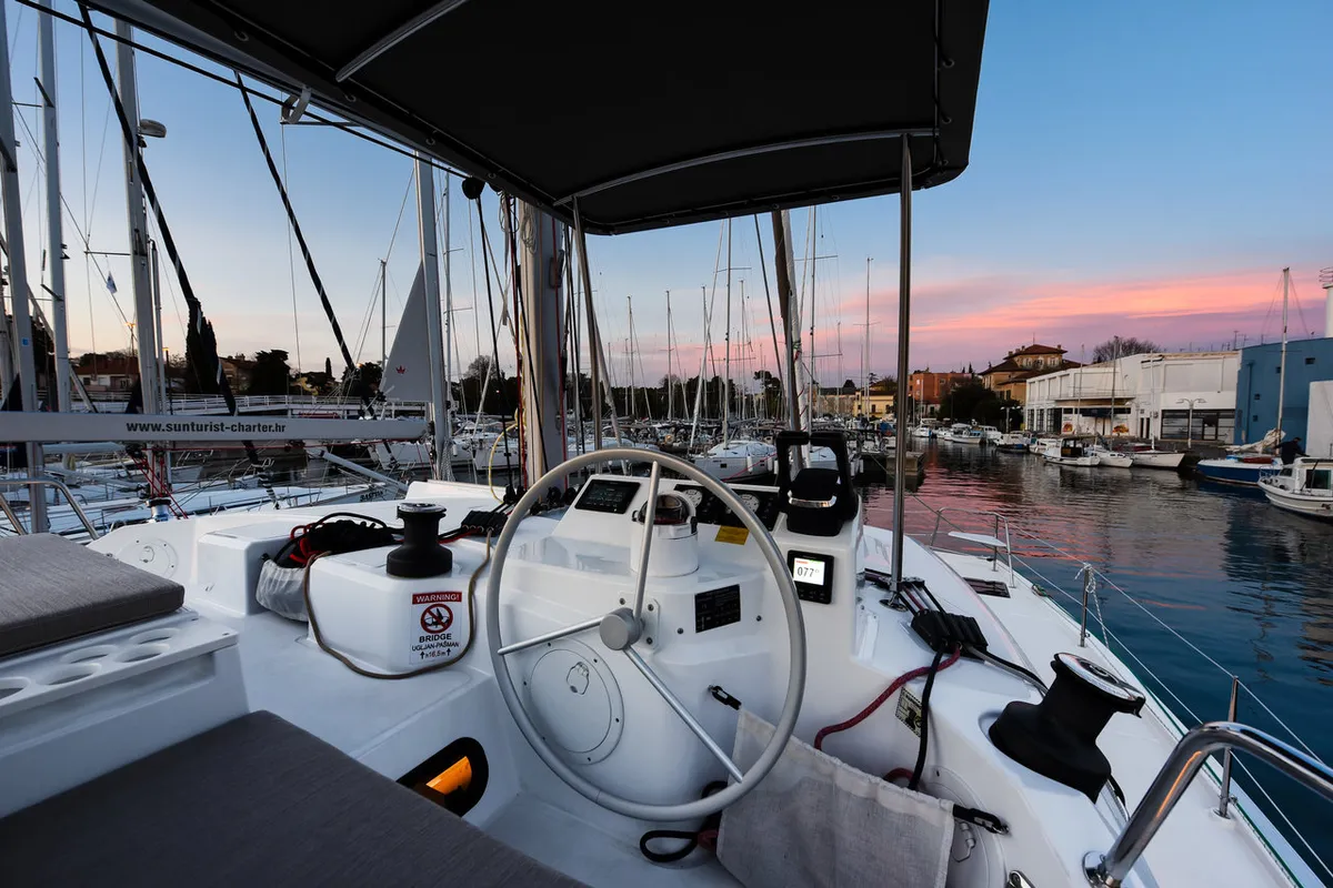 Cockpit of Fux 4 Sail, a Bali Catspace catamaran at Zadar, Croatia