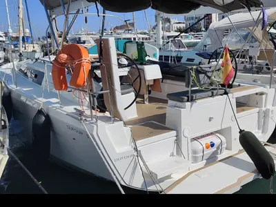 Cockpit of SIRIUS, a Dufour 37 sailboat at Sant Antoni de Portmany, Spain