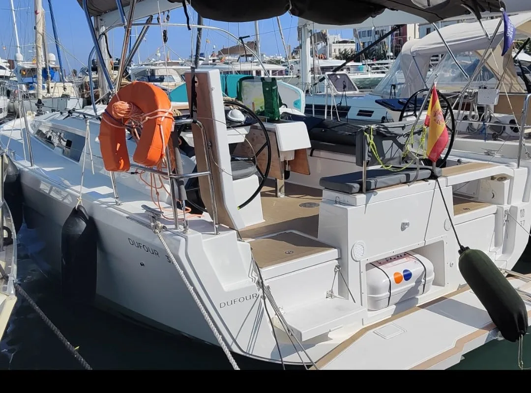 Cockpit of SIRIUS, a Dufour 37 sailboat at Sant Antoni de Portmany, Spain