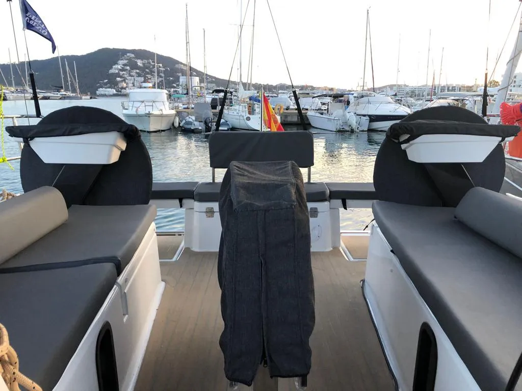 Cockpit of SIRIUS, a Dufour 37 sailboat at Sant Antoni de Portmany, Spain