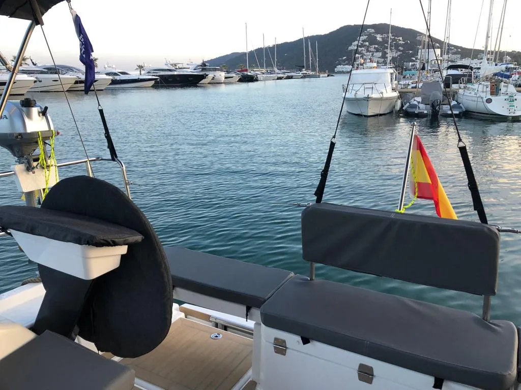 Cockpit of SIRIUS, a Dufour 37 sailboat at Sant Antoni de Portmany, Spain