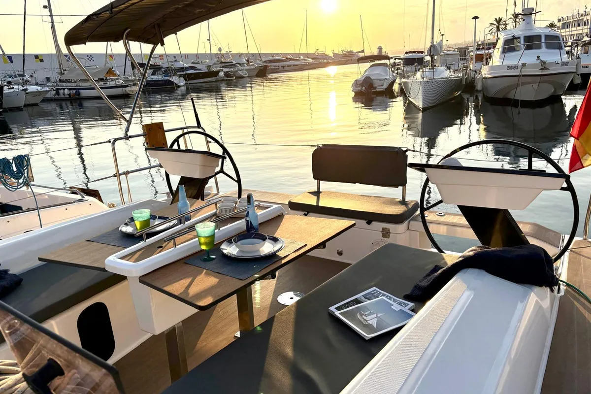 Cockpit of SIRIUS, a Dufour 37 sailboat at Sant Antoni de Portmany, Spain