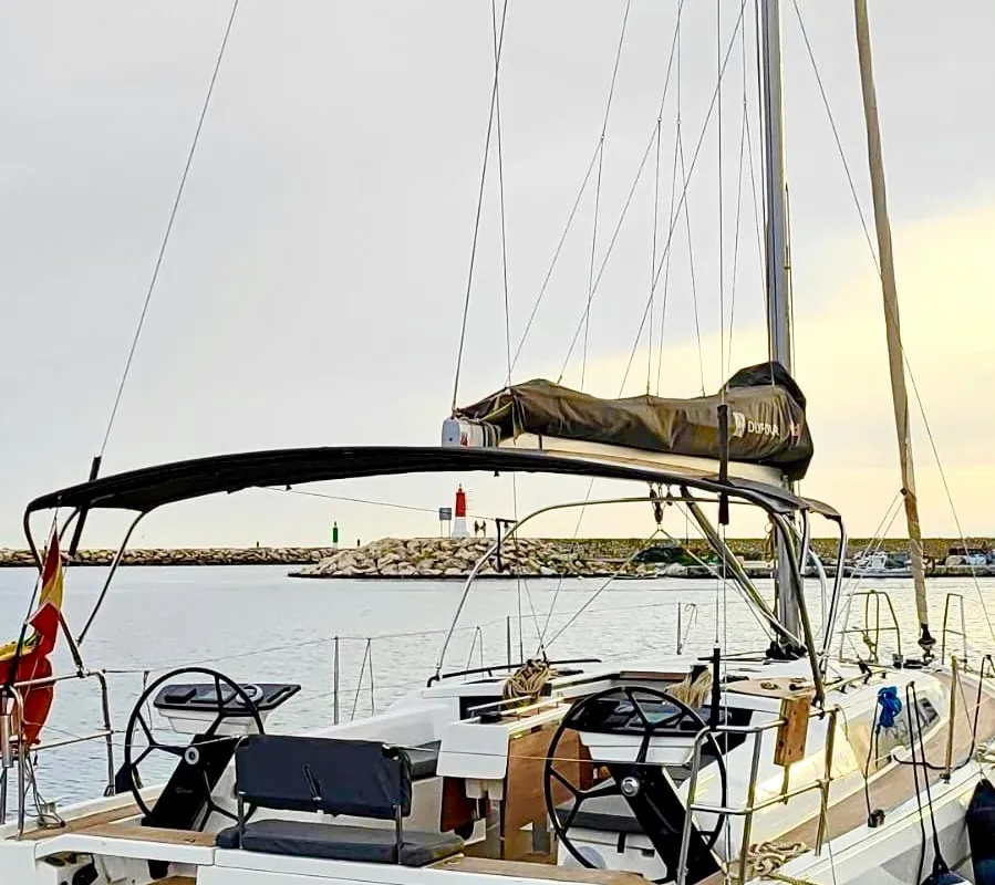 Cockpit of SIRIUS, a Dufour 37 sailboat at Sant Antoni de Portmany, Spain