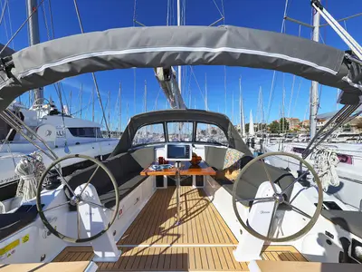 Cockpit of Leeloo, a Hanse 360 sailboat at Grad Šibenik, Croatia
