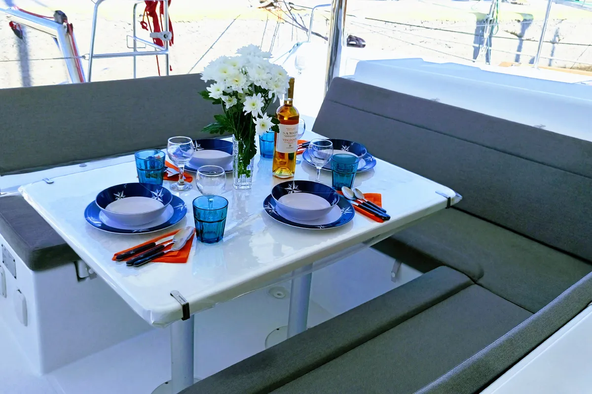 Deck of Lion Royal, a Lagoon 39 catamaran at Municipal Unit of Kranidi, Greece