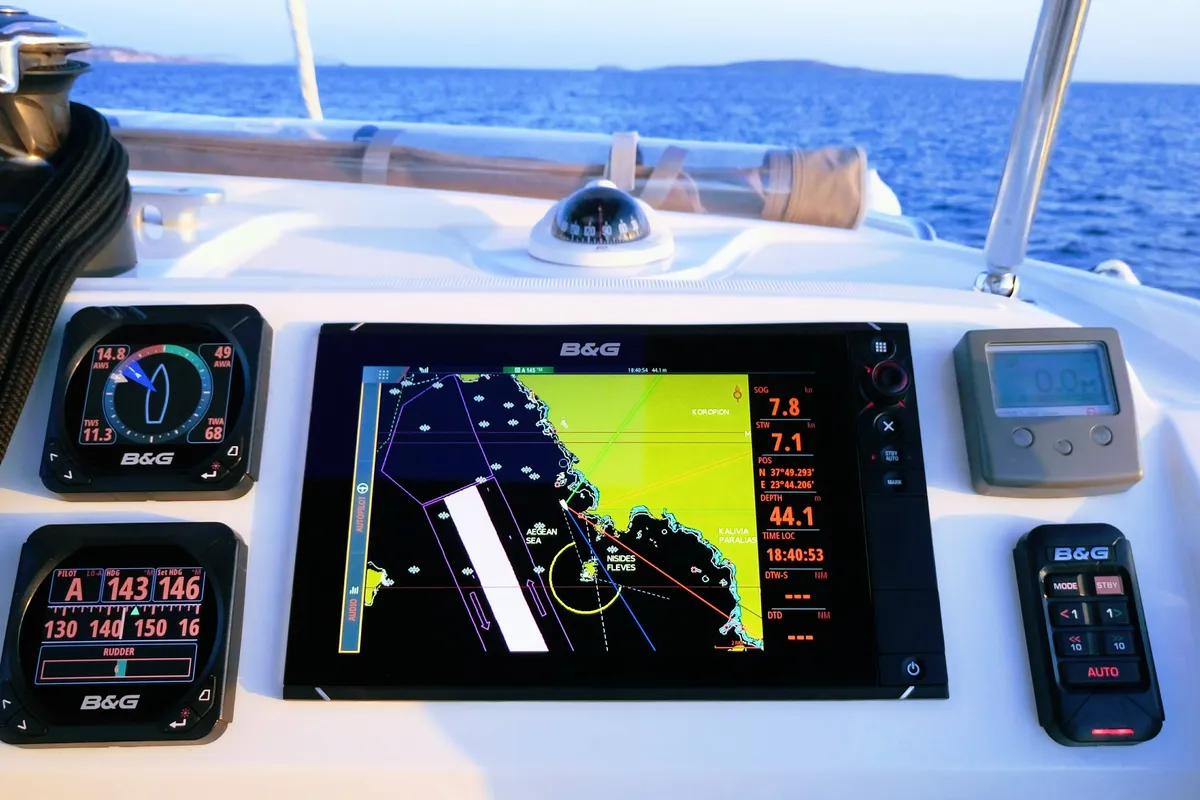 Cockpit of Lion Royal, a Lagoon 39 catamaran at Municipal Unit of Kranidi, Greece