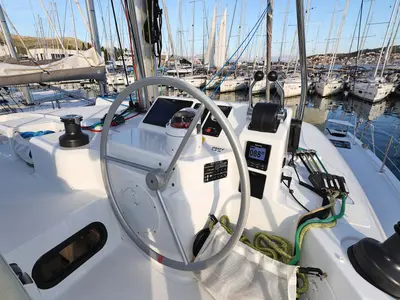 Cockpit of Agua De Luna, a Bali Catspace catamaran at Seget Donji, Croatia