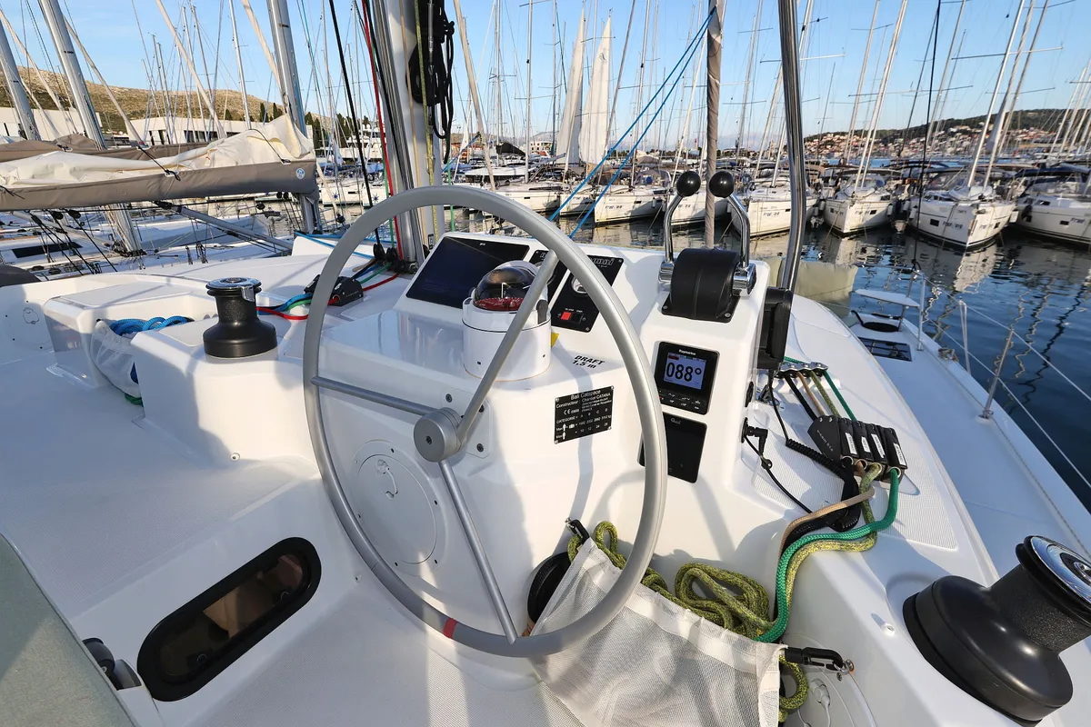 Cockpit of Agua De Luna, a Bali Catspace catamaran at Seget Donji, Croatia