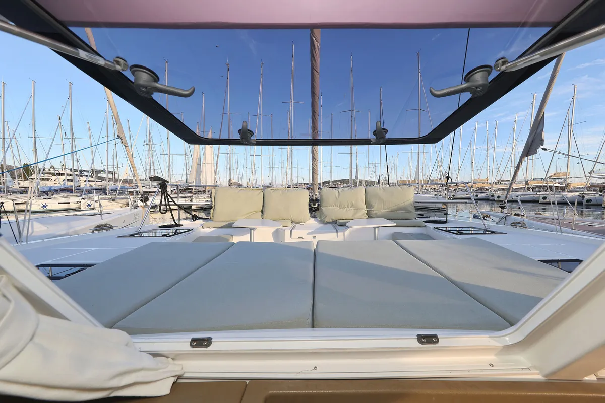 Deck of Agua De Luna, a Bali Catspace catamaran at Seget Donji, Croatia