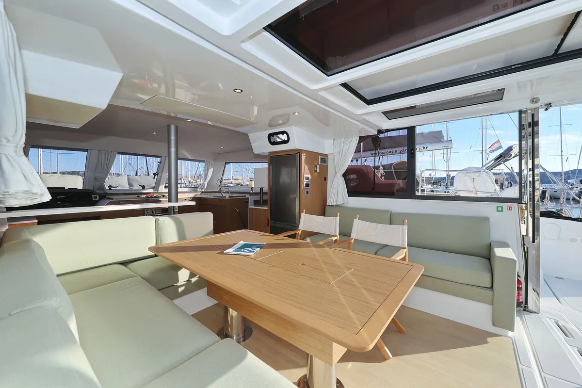 Salon of Agua De Luna, a Bali Catspace catamaran at Seget Donji, Croatia