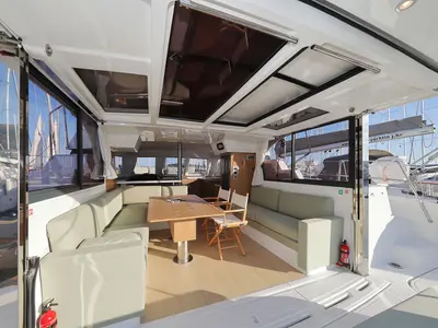 Salon of Agua De Luna, a Bali Catspace catamaran at Seget Donji, Croatia
