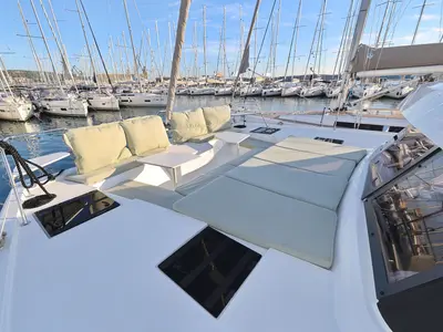 Deck of Agua De Luna, a Bali Catspace catamaran at Seget Donji, Croatia