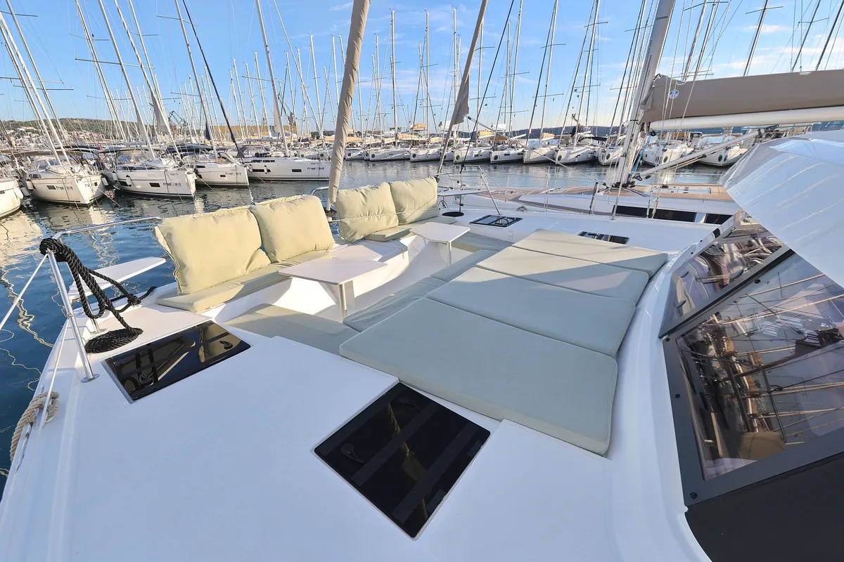 Deck of Agua De Luna, a Bali Catspace catamaran at Seget Donji, Croatia