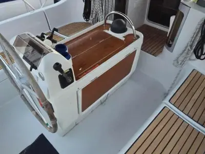 Cockpit of Orion X, a Beneteau Oceanis 370 sailboat at Volos, Greece