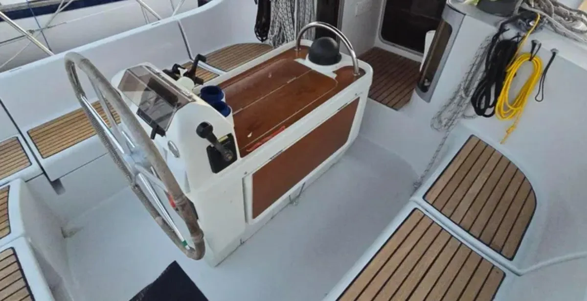 Cockpit of Orion X, a Beneteau Oceanis 370 sailboat at Volos, Greece