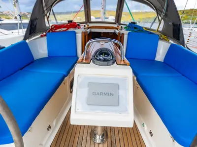 Cockpit of Fjaka, a Bavaria Cruiser 37 sailboat at Punat, Croatia