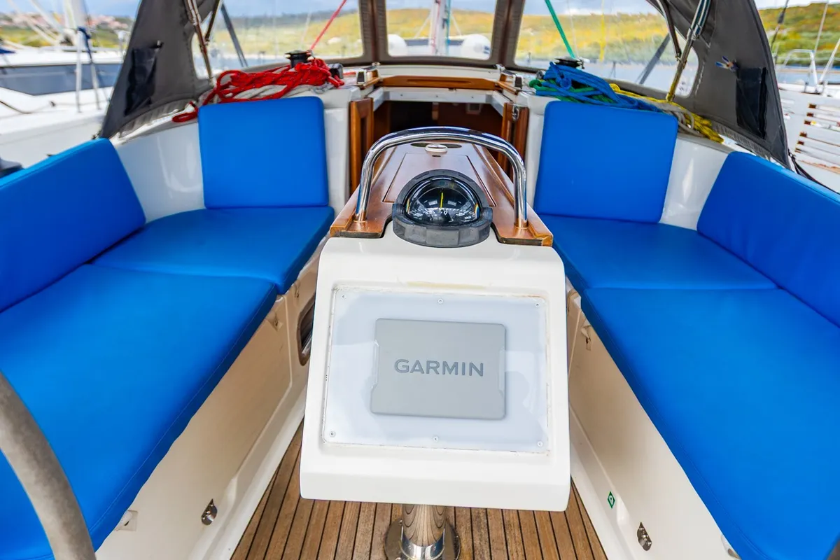 Cockpit of Fjaka, a Bavaria Cruiser 37 sailboat at Punat, Croatia