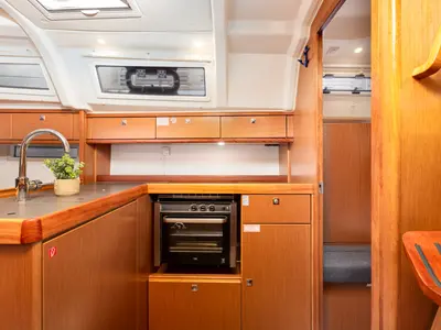 Galley of Fjaka, a Bavaria Cruiser 37 sailboat at Punat, Croatia