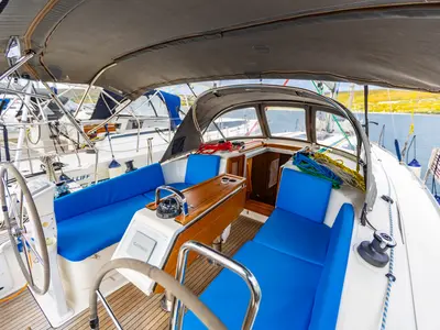 Deck of Fjaka, a Bavaria Cruiser 37 sailboat at Punat, Croatia