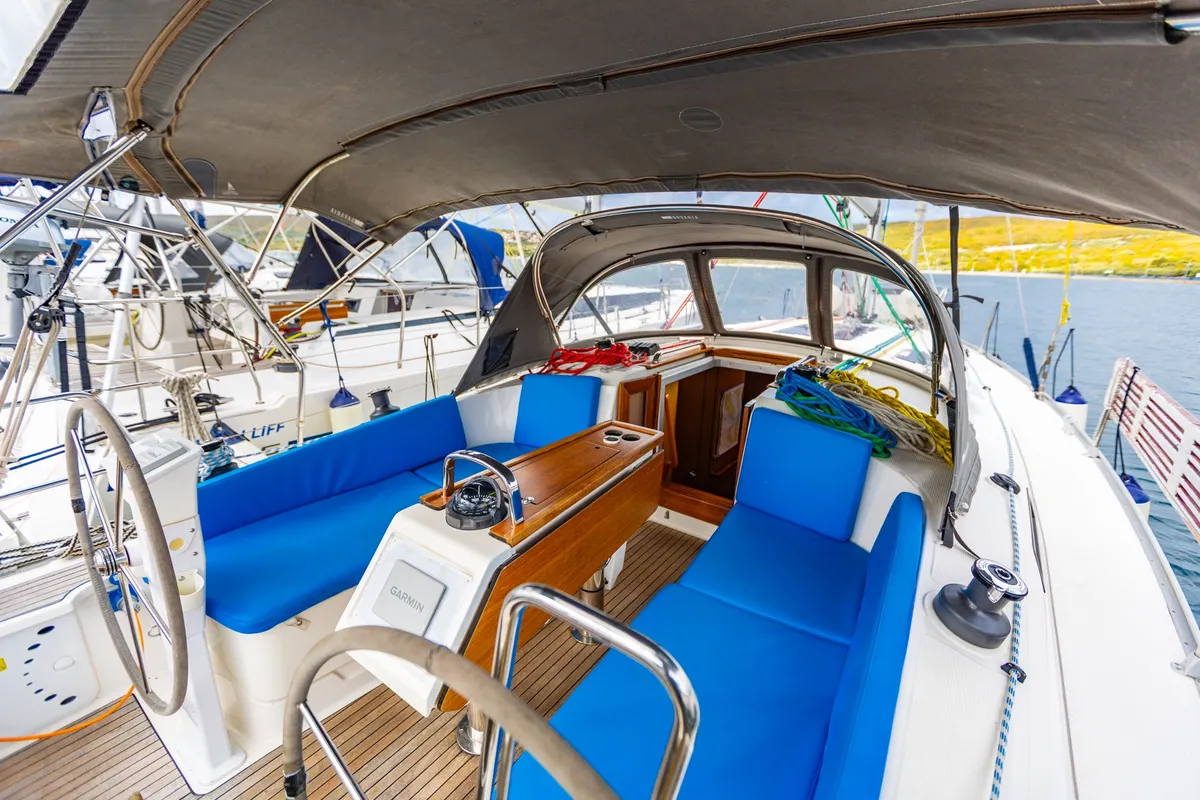 Deck of Fjaka, a Bavaria Cruiser 37 sailboat at Punat, Croatia