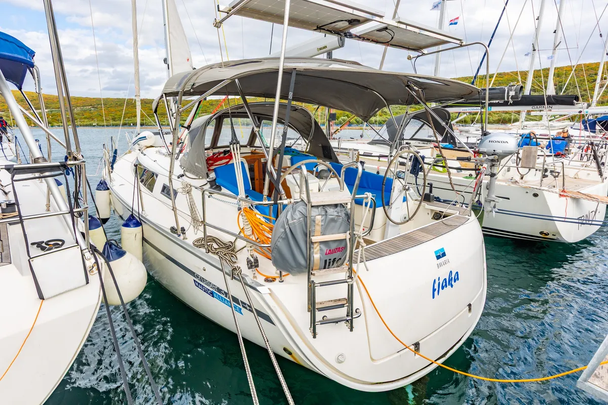 Exterior view of Fjaka, a Bavaria Cruiser 37 sailboat at Punat, Croatia