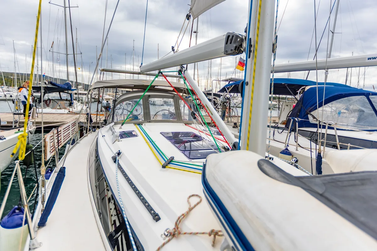 Deck of Fjaka, a Bavaria Cruiser 37 sailboat at Punat, Croatia