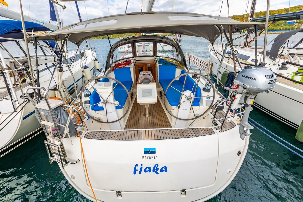 Exterior view of Fjaka, a Bavaria Cruiser 37 sailboat at Punat, Croatia