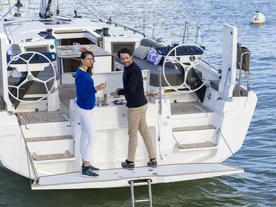 Deck of Estela, a Dufour 44 sailboat at es Jonquet, Spain